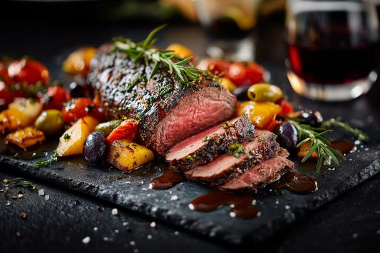 Geschmorte Wagyu Semerrolle mit mediterranem Gemüse & Kräutern