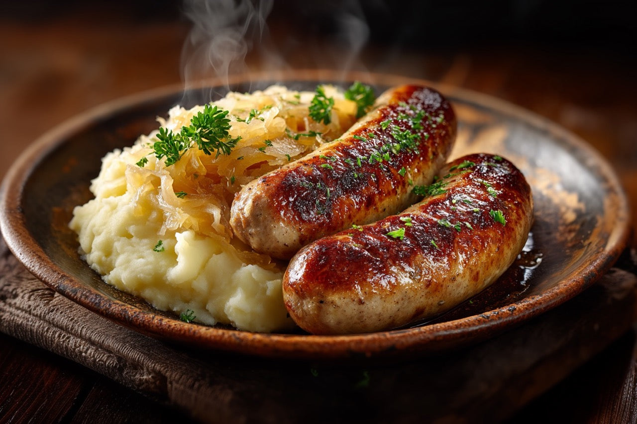 Tom’s Bratwurst vom Schwein – Klassisch gebraten mit Apfel-Sauerkraut & Kartoffelpüree
