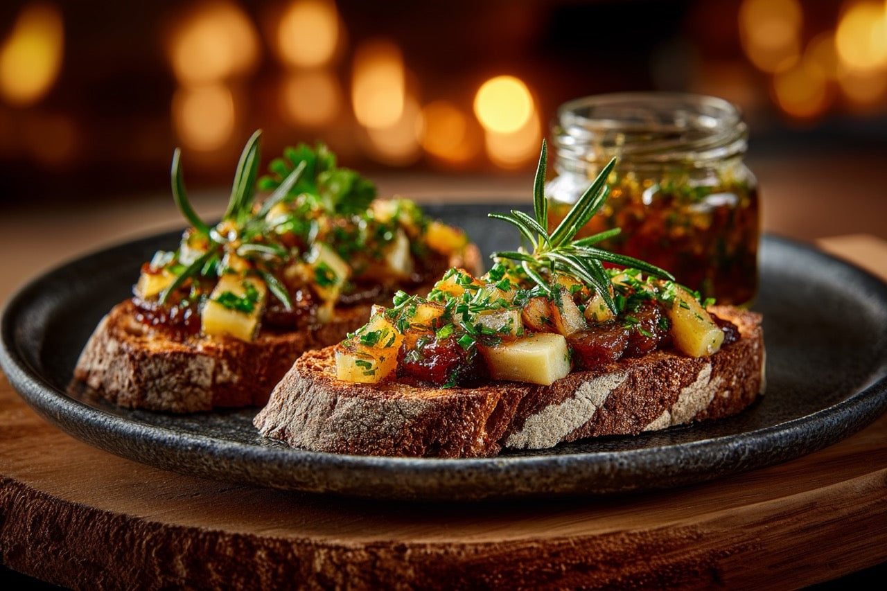 Wagyu-Fett – Auf Röstbrot mit Apfel-Zwiebel-Schmelze