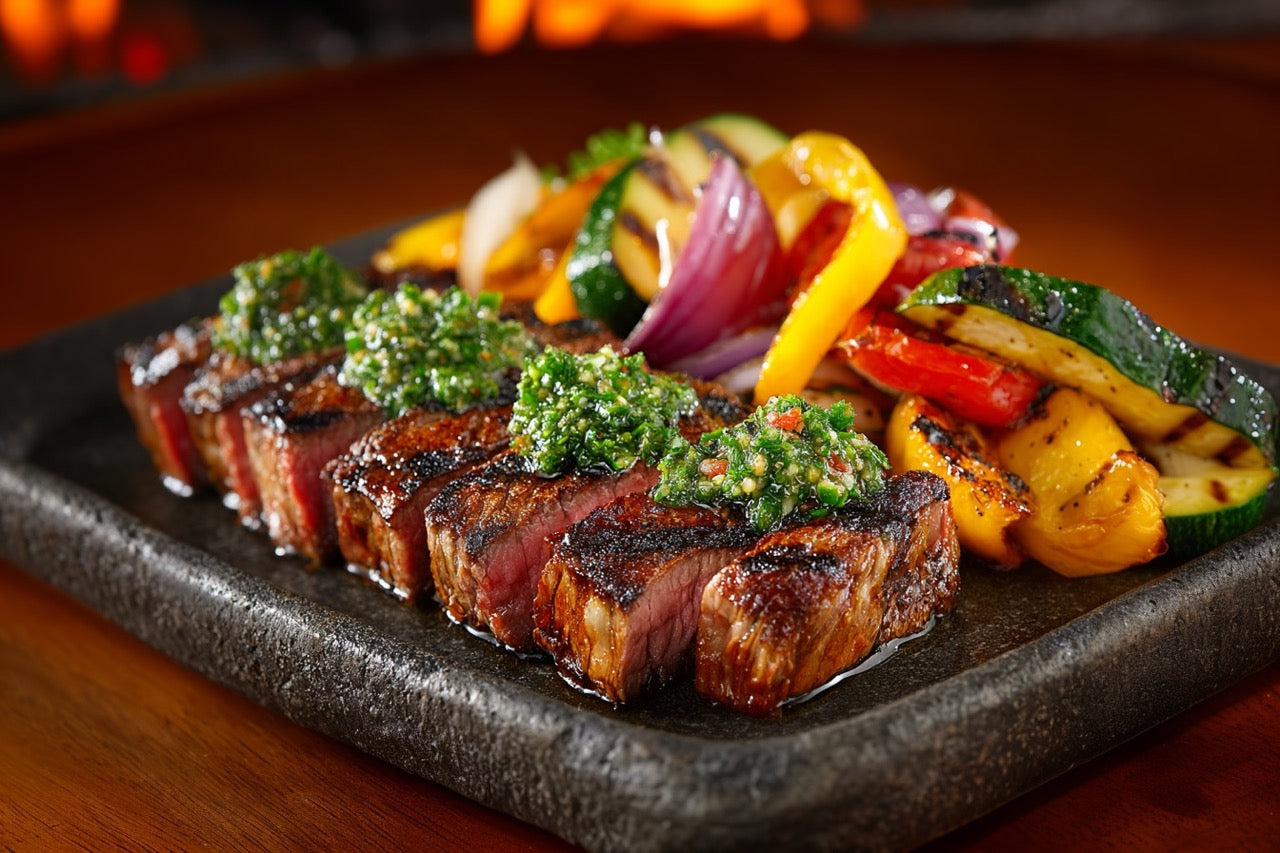 Wagyu Flat Iron – Medium-rare mit Kräuteröl & gebratenem Gemüse