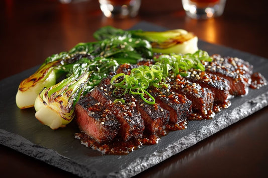 Wagyu Flat Iron mit Miso-Mirin-Glasur & gegrilltem Pak Choi