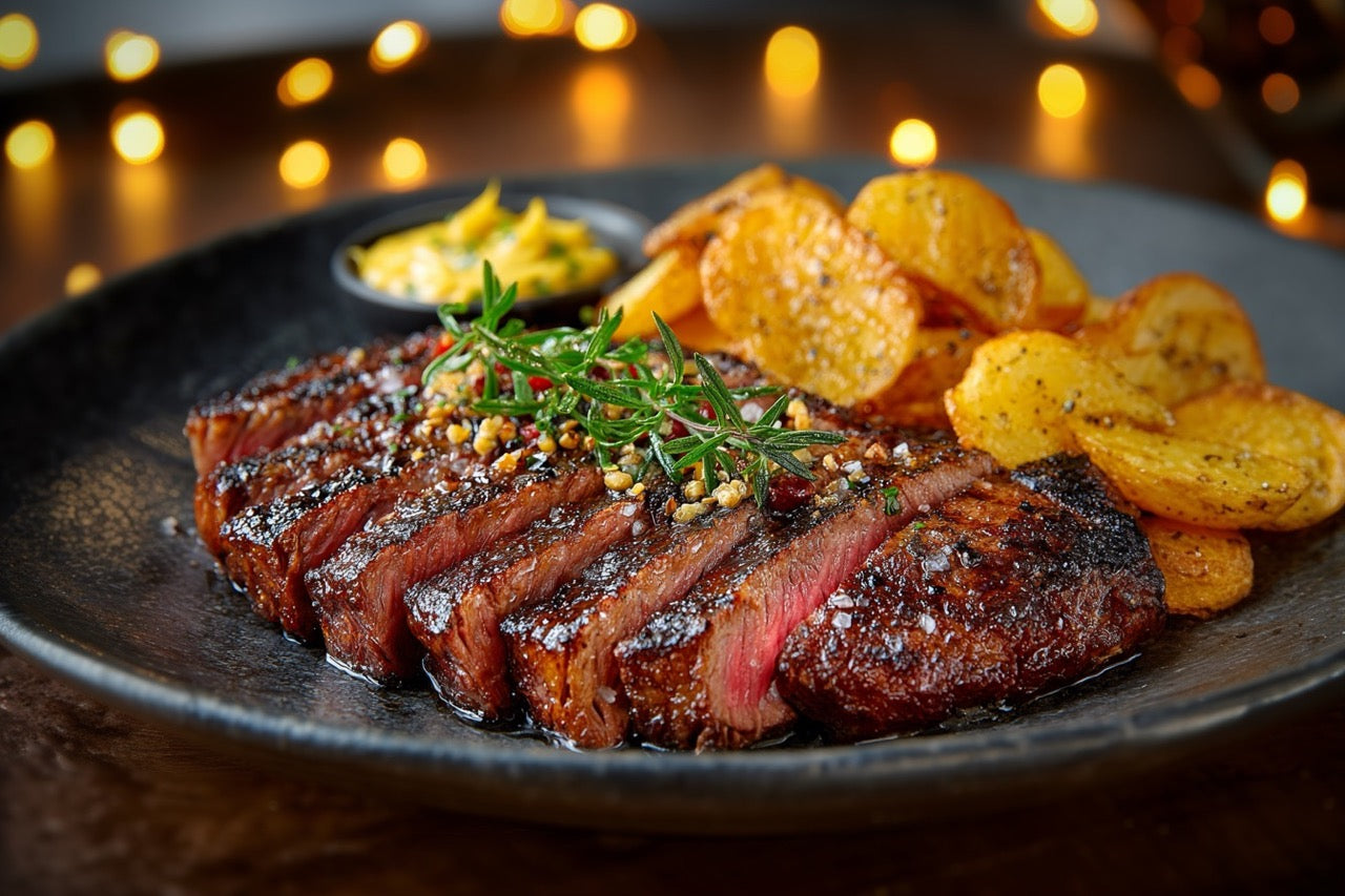 Wagyu Hanging Tender – Chargrilled mit Röstzwiebelbutter & knusprigen Chips