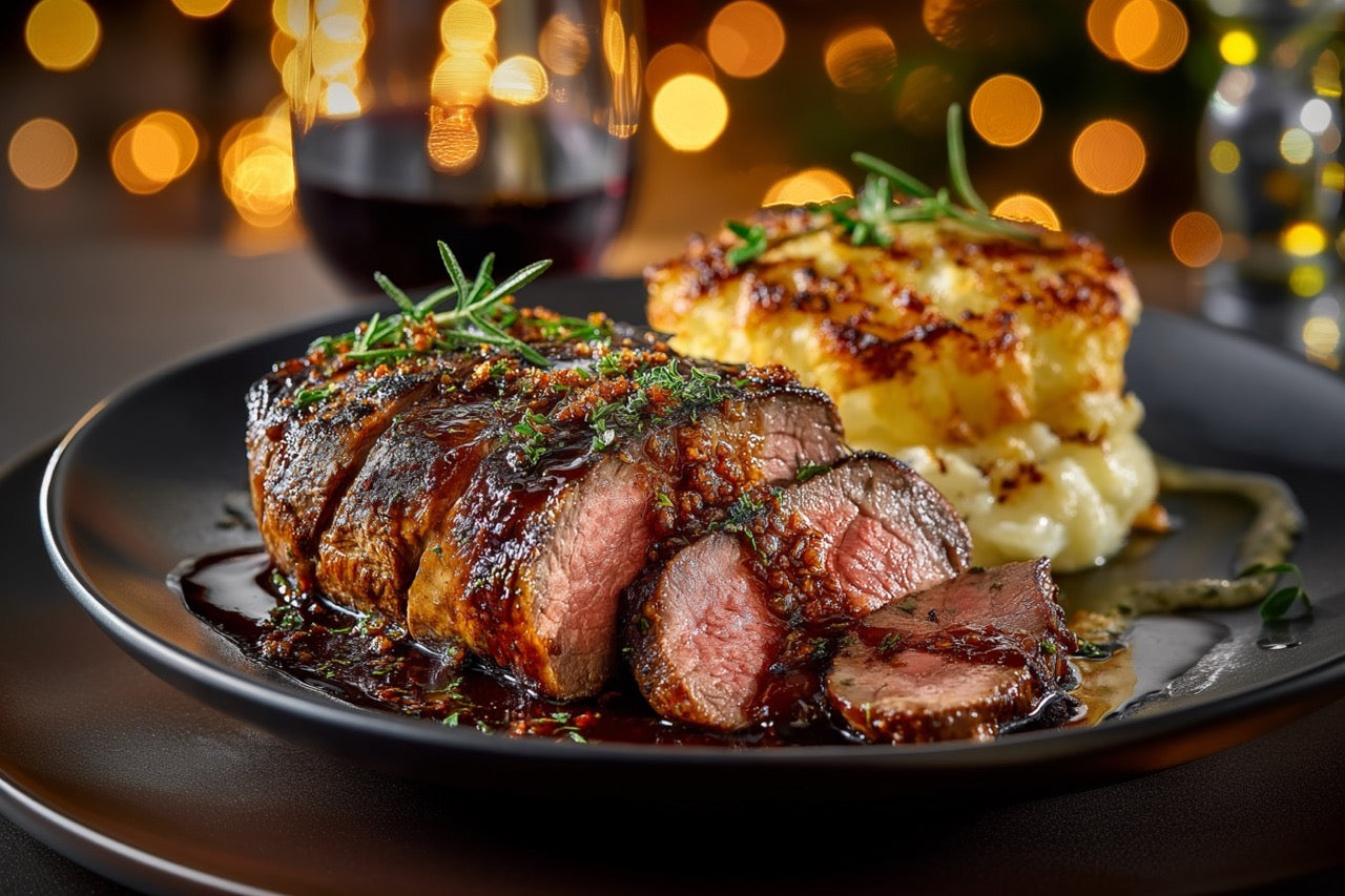 Wagyu Hüfte (am Stück) – Niedertemperatur mit Rotweinjus & Selleriegratin