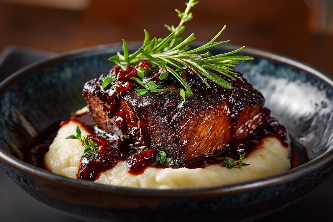 Wagyu Ochsenbacke – In Rotwein geschmort mit Selleriepüree