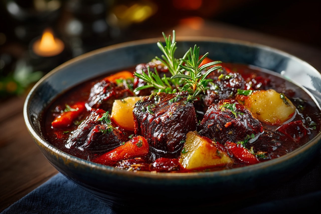 Wagyu Ochsenschwanz – Geschmort mit Rotwein, Wurzelgemüse & Thymian