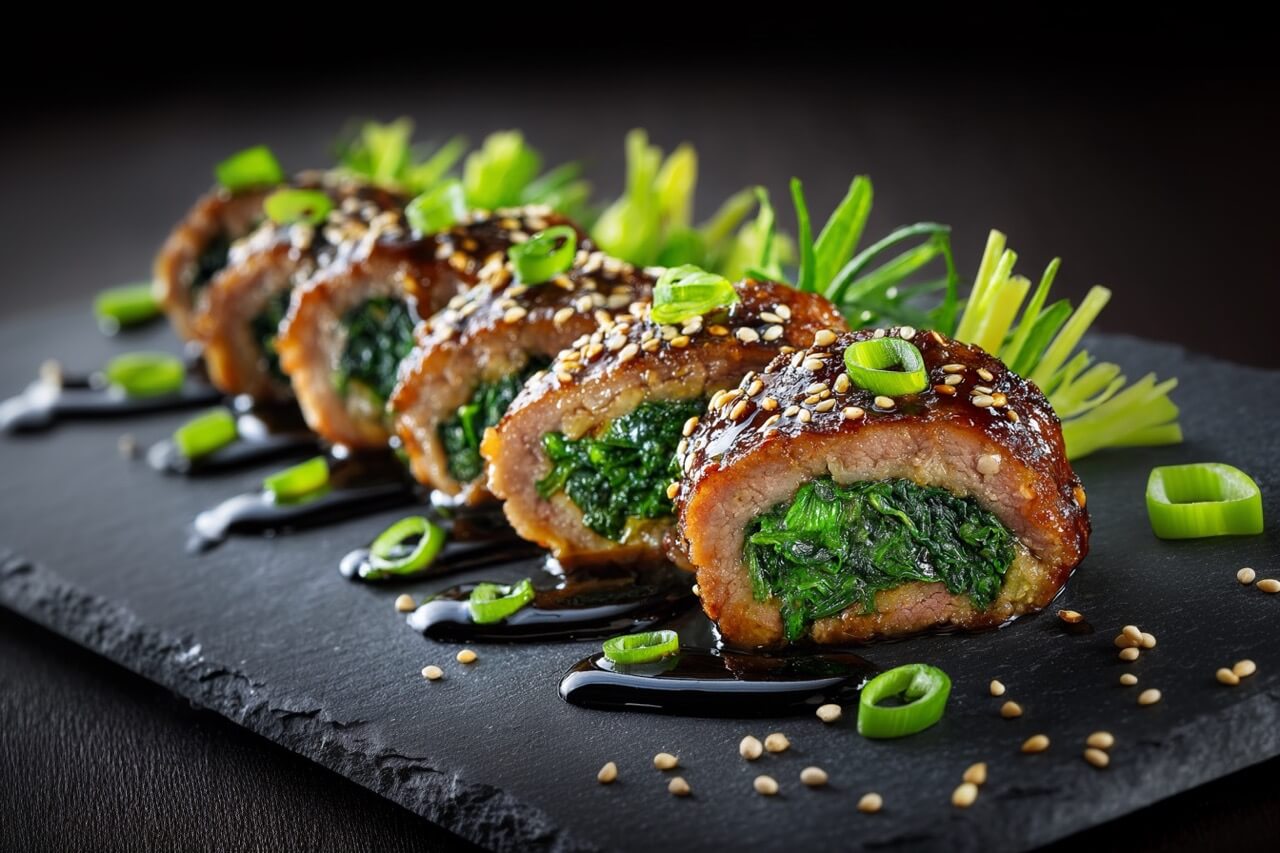 Asiatisch inspirierte Wagyu-Rouladen mit Miso-Spinat-Füllung