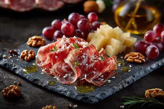 Wagyu Schinken – Dünn aufgeschnitten mit Manchego & Trauben