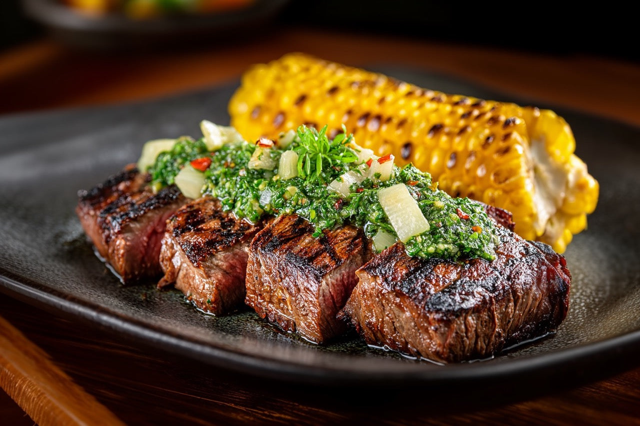Wagyu Skirtsteak – Kurzgegrillt mit Chimichurri & Maiskolben