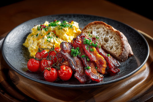 Wagyu Speck – Knusprig gebraten mit Rührei & confierten Tomaten