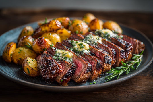 Wagyu TriTip Steaks – Heiß angegrillt mit Kräuterkartoffeln & Dijonbutter