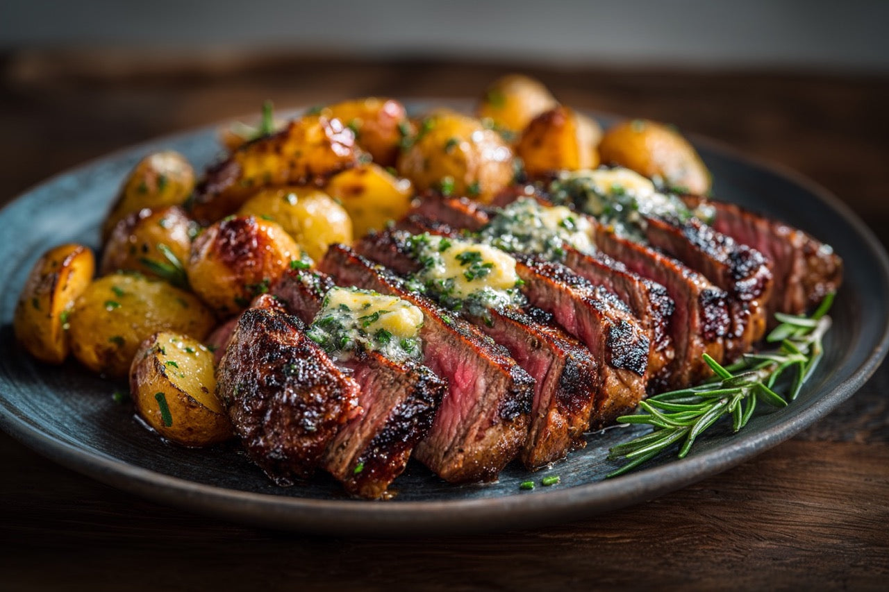 Wagyu TriTip Steaks – Heiß angegrillt mit Kräuterkartoffeln & Dijonbutter