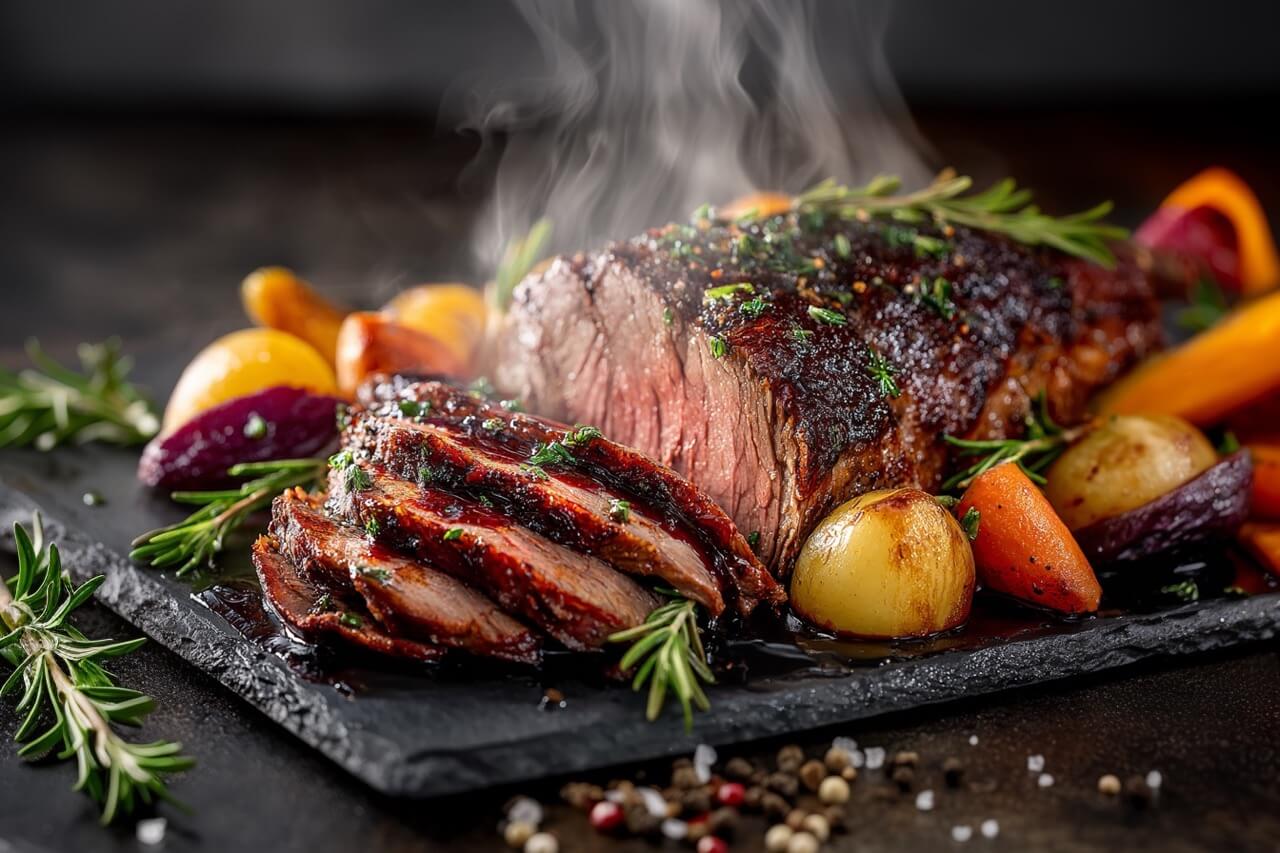 Wagyu Unterschale geschmort mit Wurzelgemüse & Rotweinjus