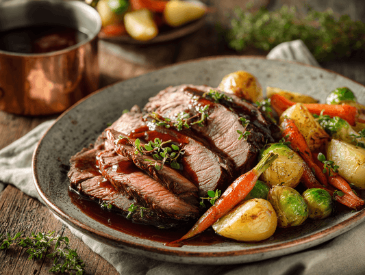 Wagyu Bratenstück aus der Keule – Rotwein-Schmorbraten mit Wurzelgemüse & Kartoffeln