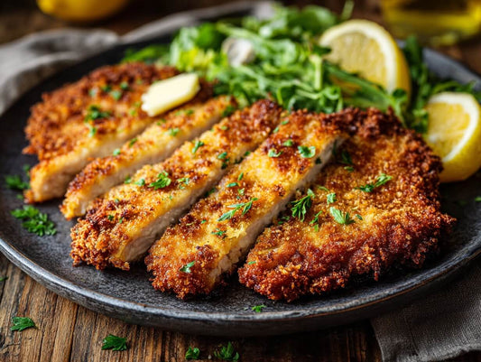 Freilandschwein Kachelfleisch - Knusprig paniert mit Panko & Zitronenbutter