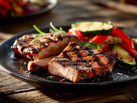 Freilandschwein Nackensteak – Vom Grill mit würziger Kräutermarinade & Ofengemüse