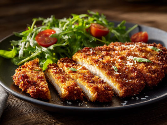 Freilandschwein Oberschale – Panko-Schnitzel mit Parmesan & lauwarmem Zitronen-Rucola-Salat