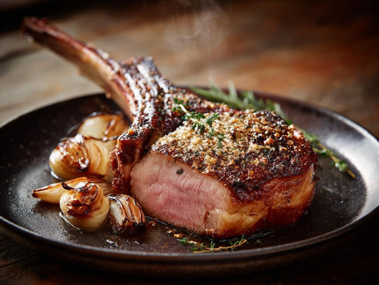 Freilandschwein Tomahawk – Tomahawk – Mit geräucherter Heubutter, geröstetem Knoblauch & karamellisierten Schalotten