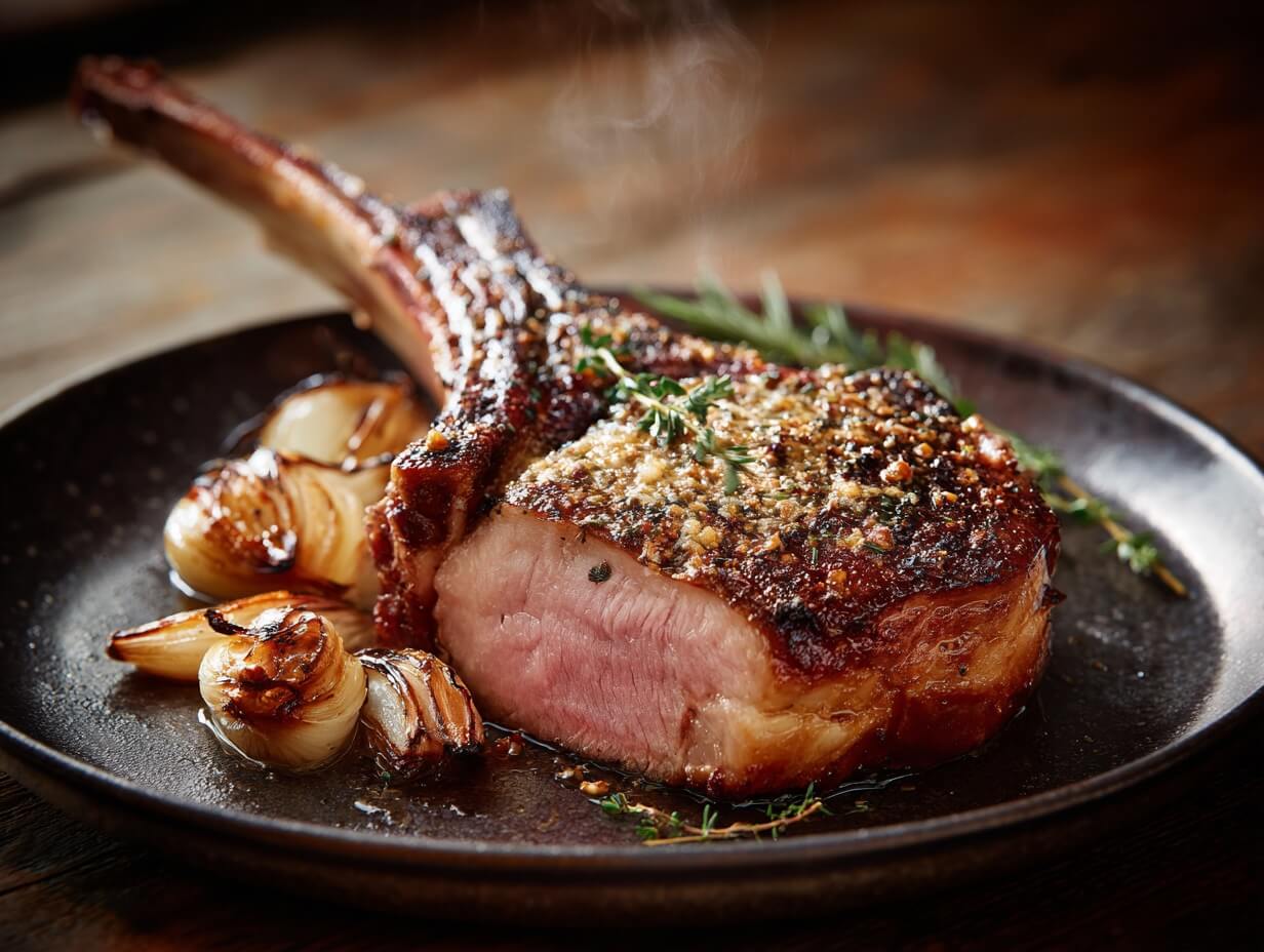 Freilandschwein Tomahawk – Tomahawk – Mit geräucherter Heubutter, geröstetem Knoblauch & karamellisierten Schalotten