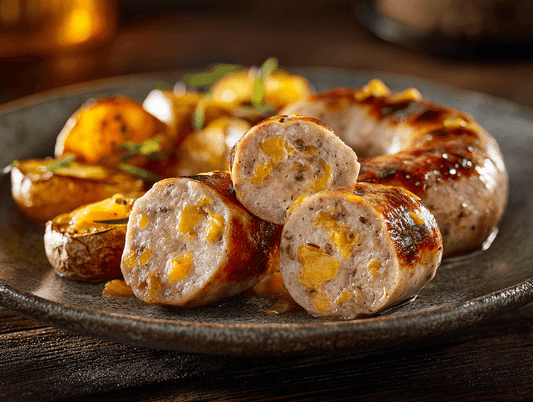 Wurstfluencer Bratwurst – Cheddar-Bratwurst mit Röstkartoffeln & Schmorlauch